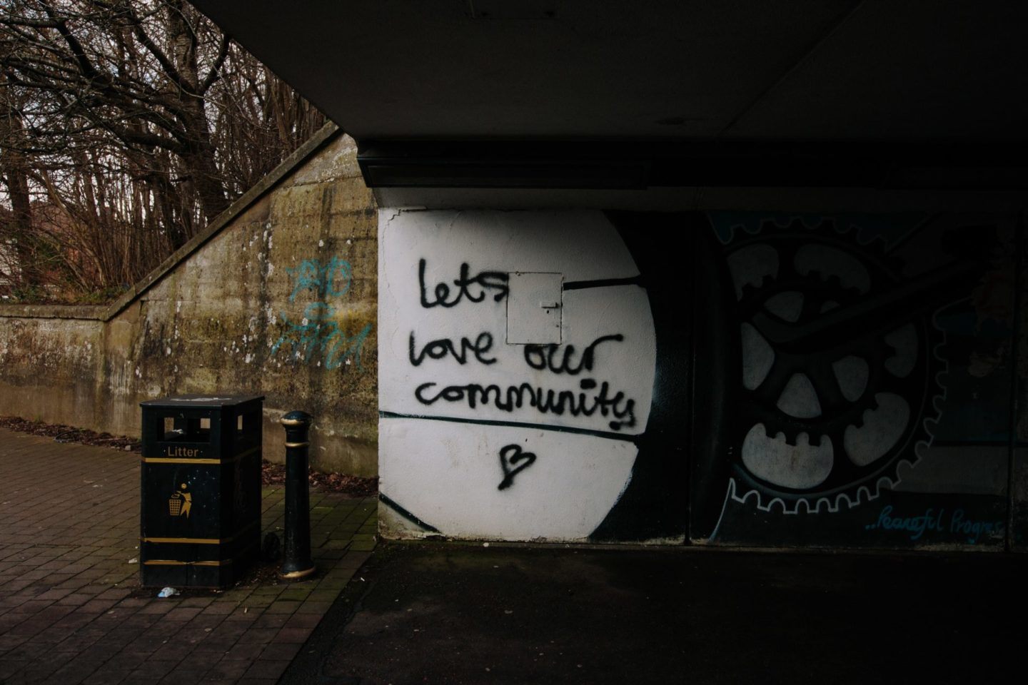 Let's love our community graffiti on wall