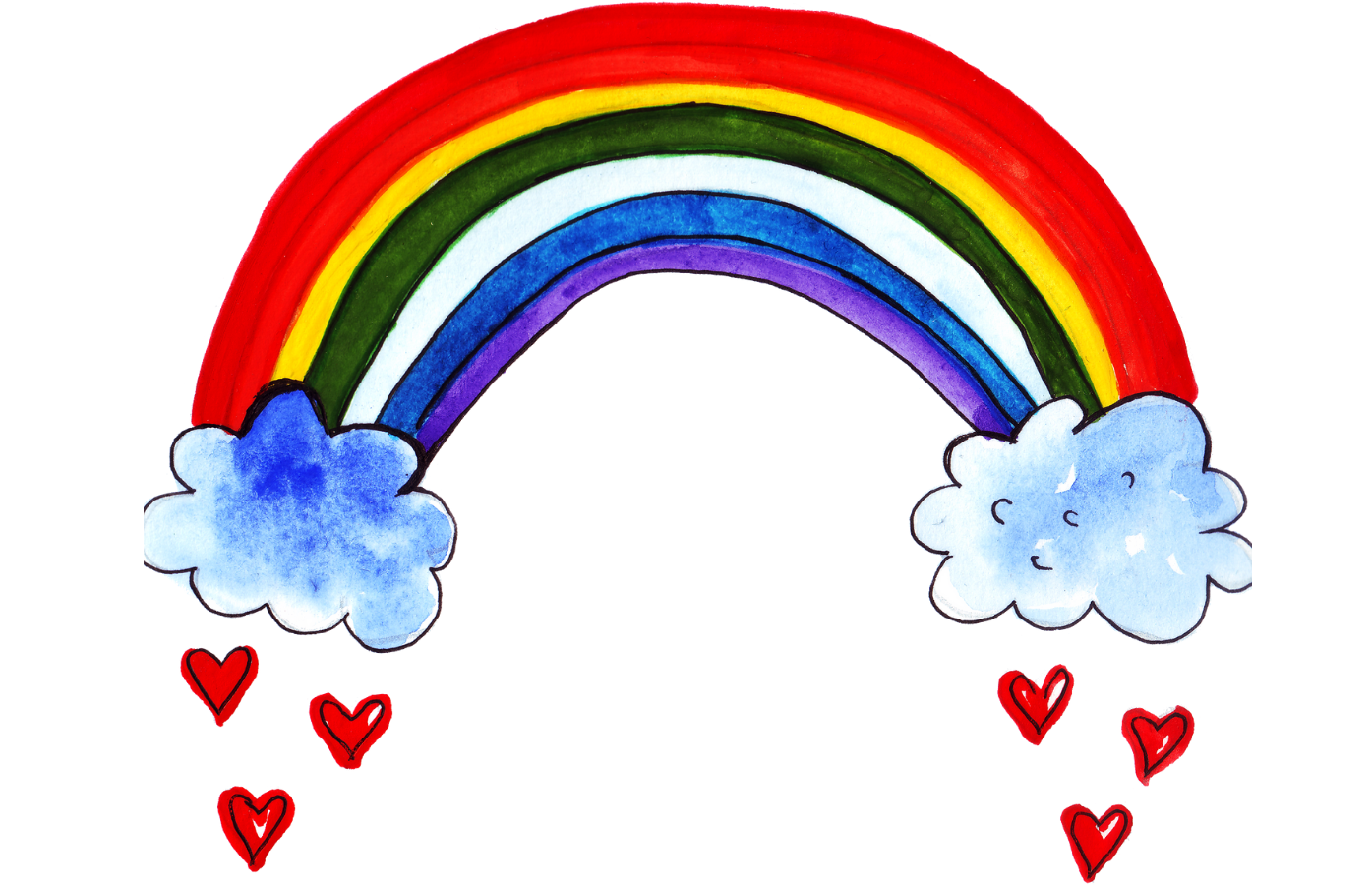 Hand drawn rainbow image with hearts